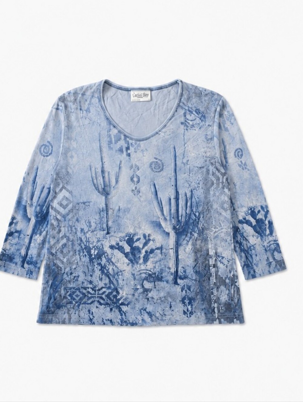 Cactus Bay Light Blue Crewneck 3/4 Length Sleeve Tee With Cactus And Sparkle, LG